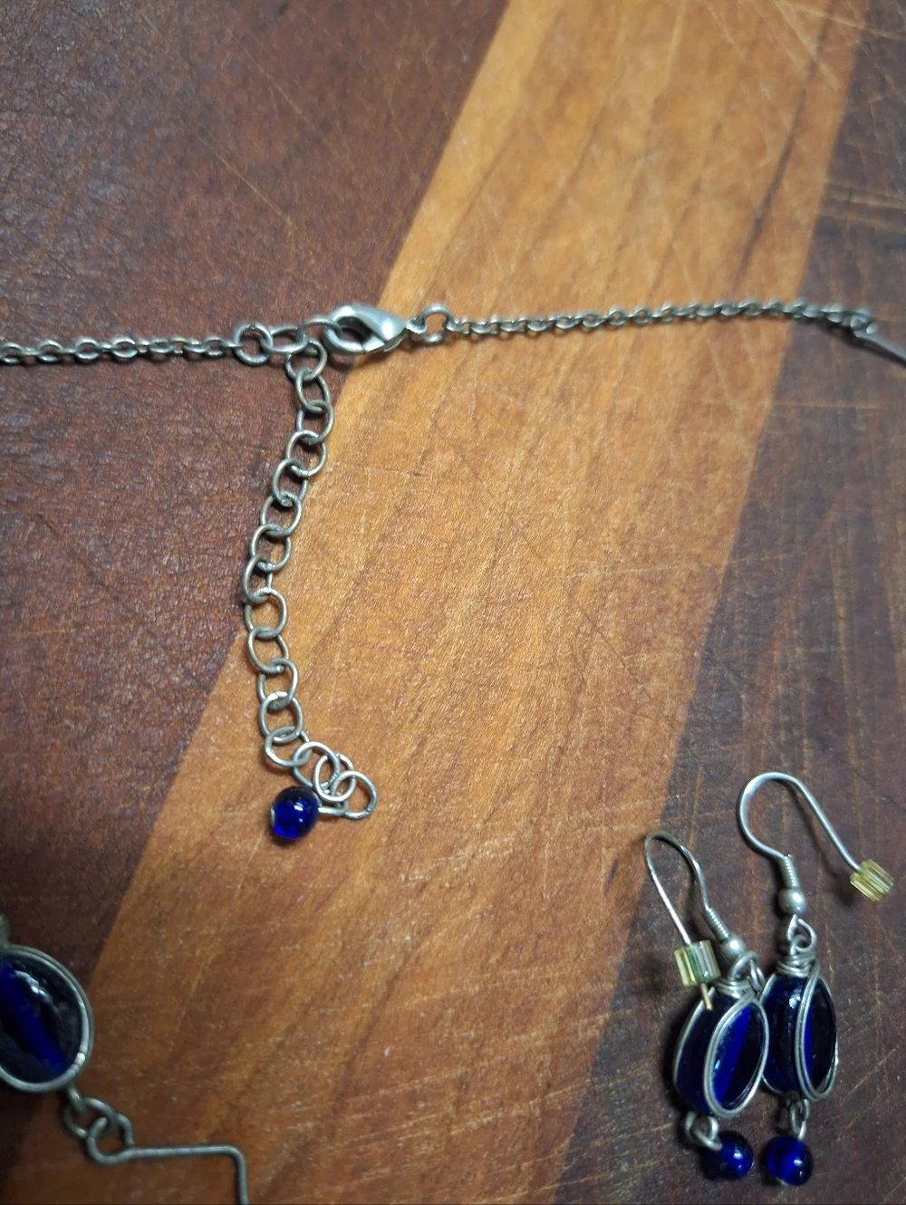 Silver Tone Blue Oval Glass Lapis Link Station Necklace w/ Matching Earrings